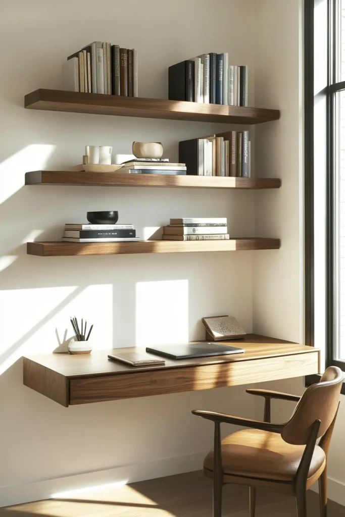 Home office mid century modern featuring wooden shelves clean desk and vintage chair mid century modern home office