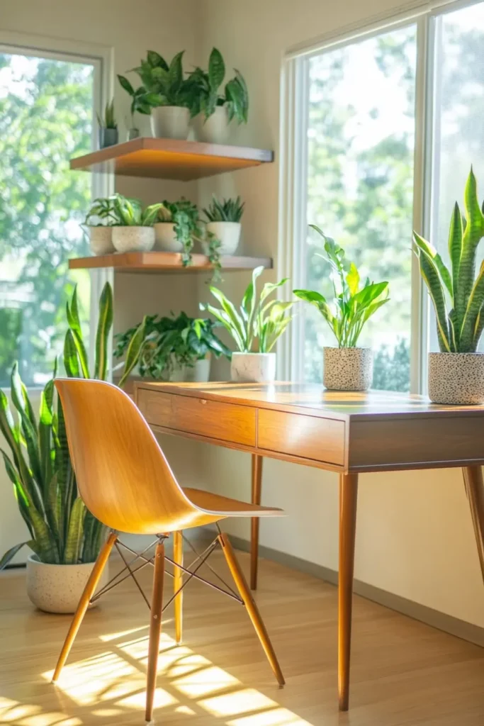 Home office mid century modern with large wood desk floating shelves and plants for mid century modern home office decor