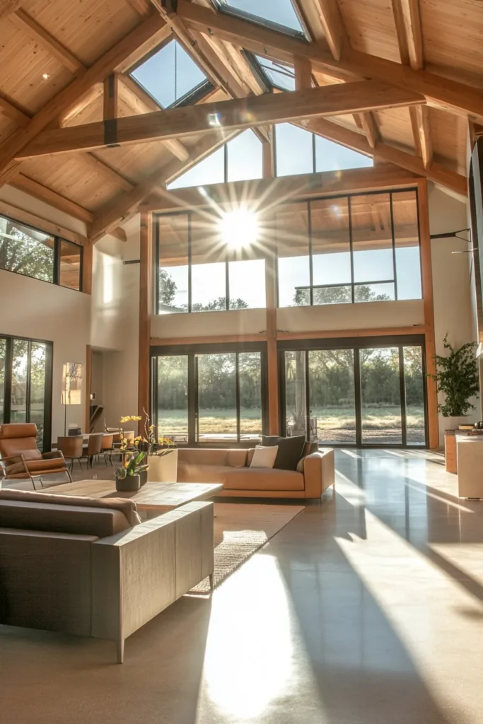 Interior barndominium ideas showcasing open floor plan with glass sliding doors connecting indoor and outdoor spaces