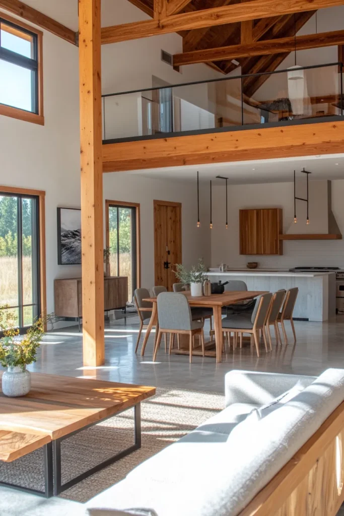 Interior barndominium ideas showcasing seamless flow between living kitchen and dining spaces with modern furniture