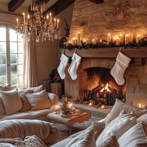 Intimate french country christmas setting with plush sofas candles and a beautifully decorated french country christmas tree