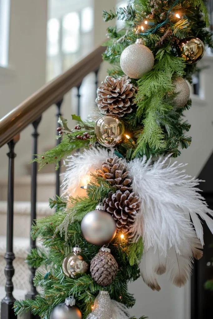 Intricate staircase garland christmas display with rustic elements shiny ornaments and twinkling lights creating visual depth