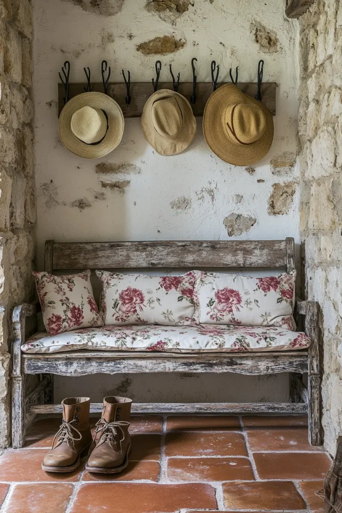 Inviting French country mudroom ideas showcasing wooden bench straw hats and boots for a functional entryway space