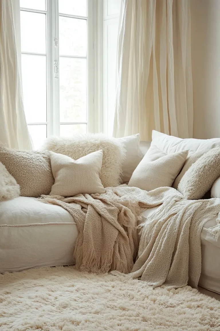 Inviting grey white home interior with plush area rug and subtle beige accents in a serene white modern home interior