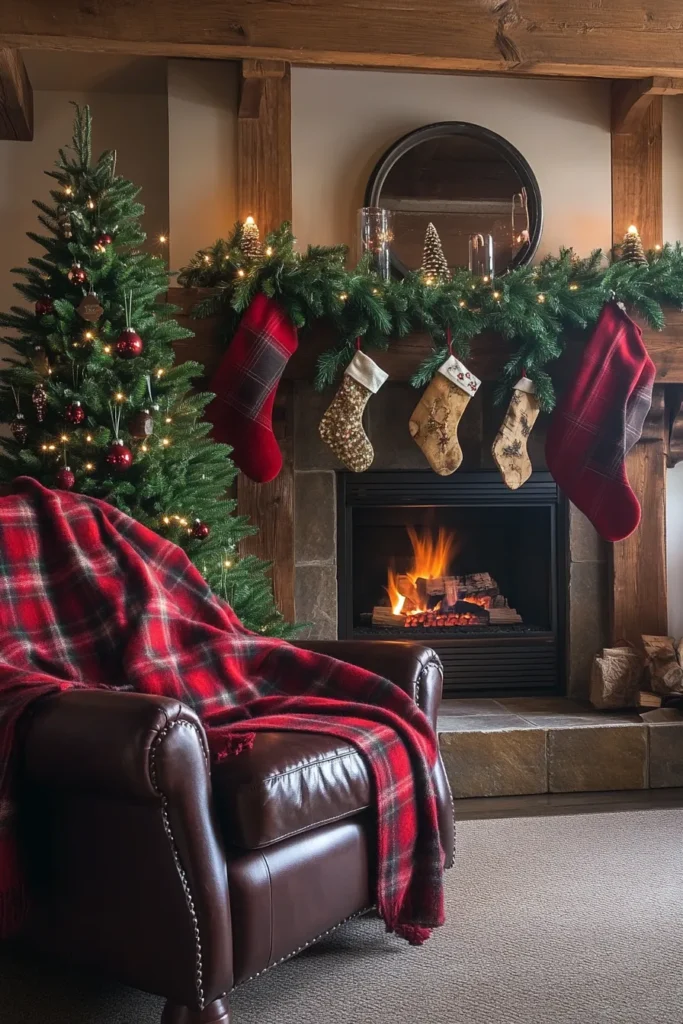 Inviting living room showcasing rustic christmas color palette with natural elements and warm lighting