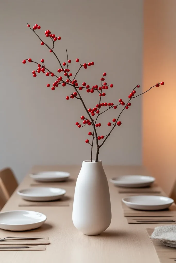 Japandi Christmas decor featuring minimalist centerpiece on elegant dining table with Japandi Christmas tree in background