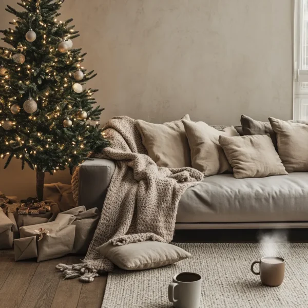 Japandi Christmas decor featuring minimalist tree chunky knit blanket and neutral toned cushions in living room