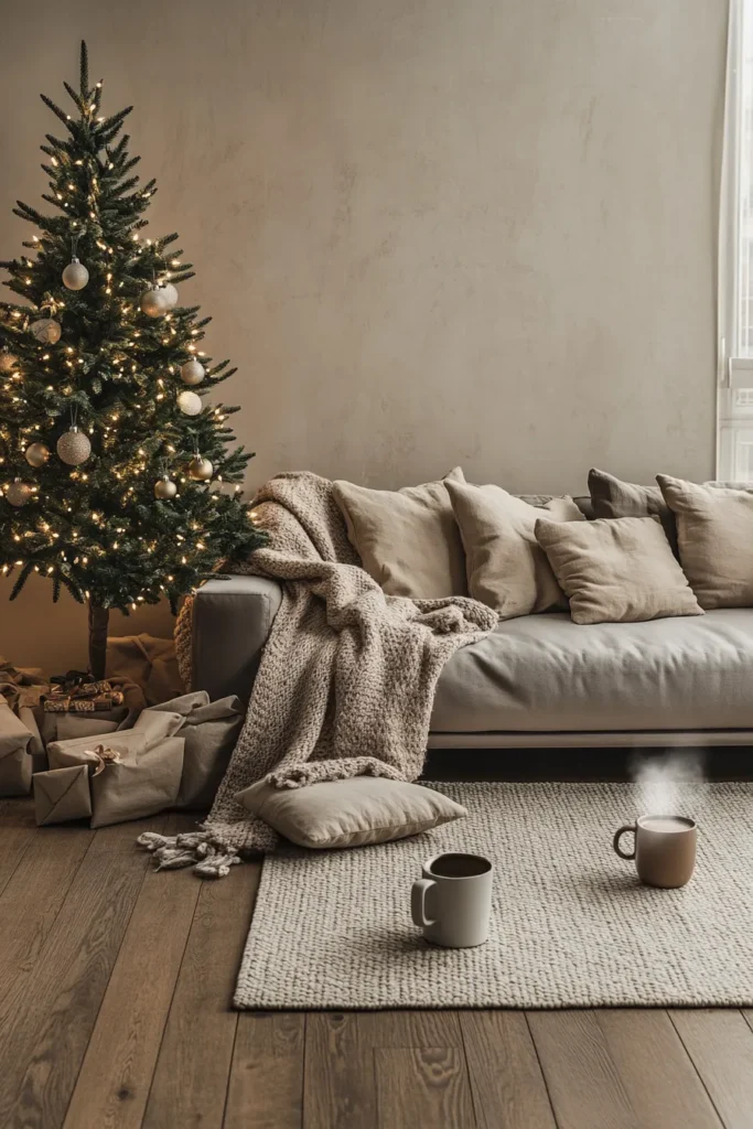 Japandi Christmas decor featuring minimalist tree chunky knit blanket and neutral toned cushions in living room