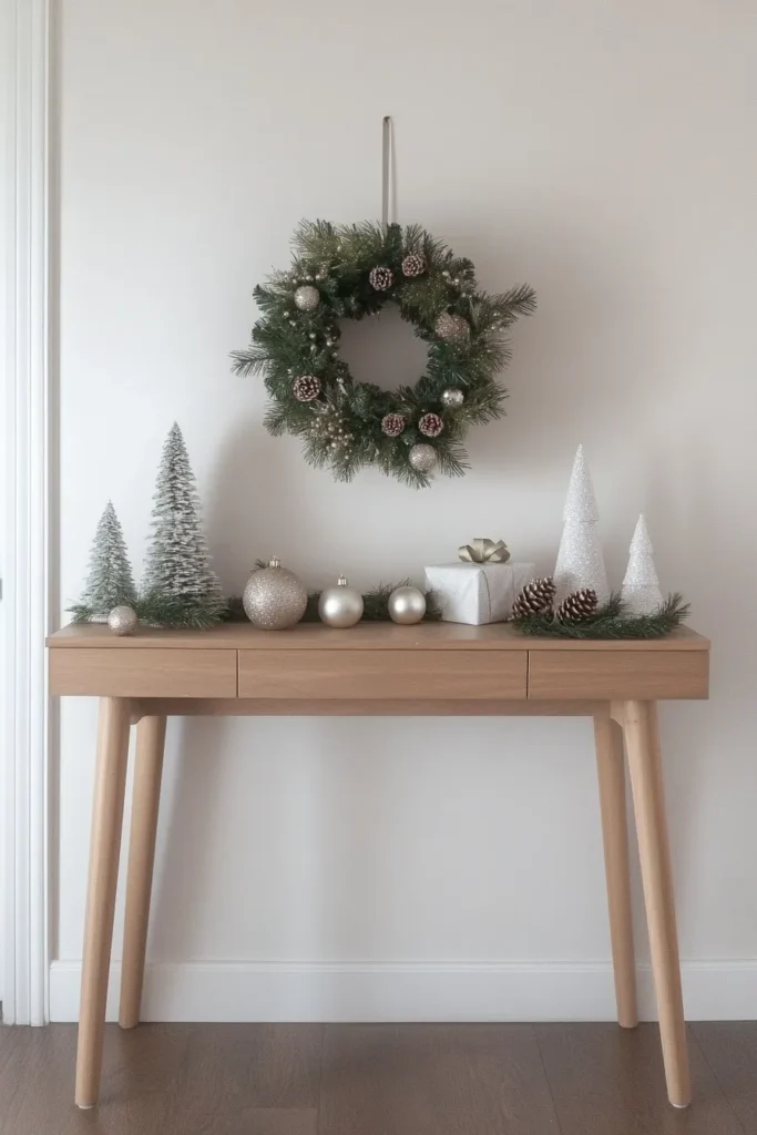 Japandi Christmas entryway with minimalist wreath and japandi christmas decor on slim wooden console table