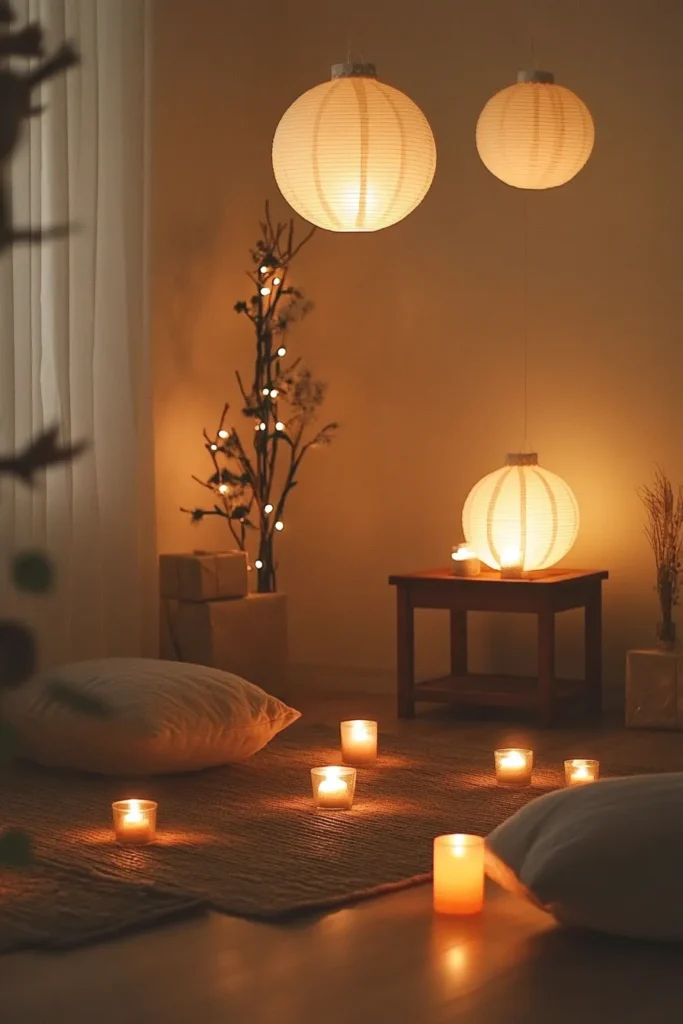 Japandi Christmas living room showcasing a minimalist tree soft lighting and natural decorations for a serene holiday