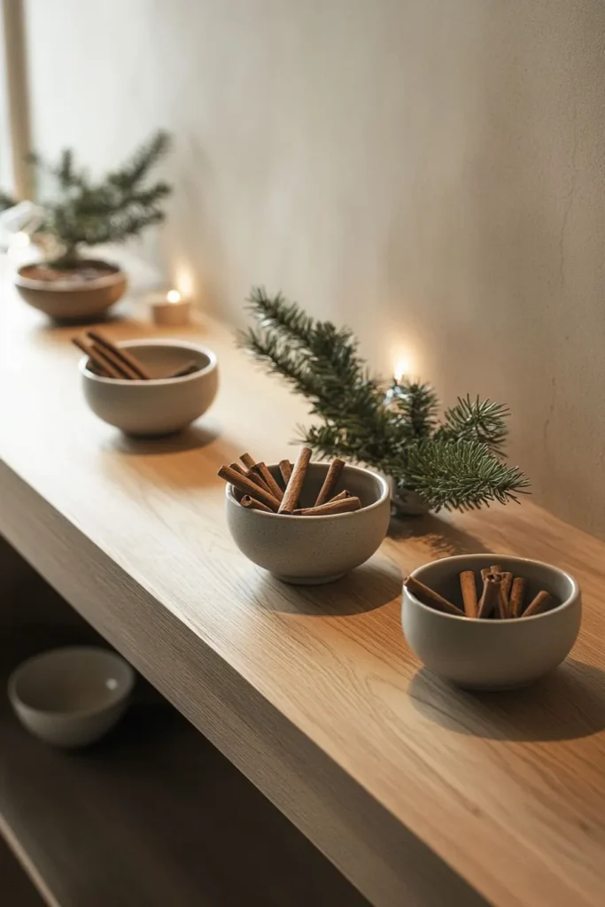 Japandi Christmas living room with Japandi Christmas tree and natural materials for serene holiday ambiance