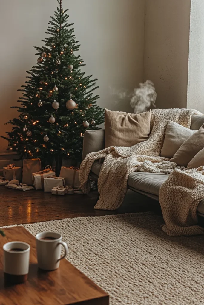 Japandi Christmas living room with minimalist tree sleek furniture and warm ambient lighting for cozy atmosphere