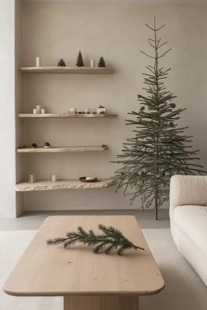 Japandi Christmas tree and decor in a minimalist living space with natural wood and diffused lighting