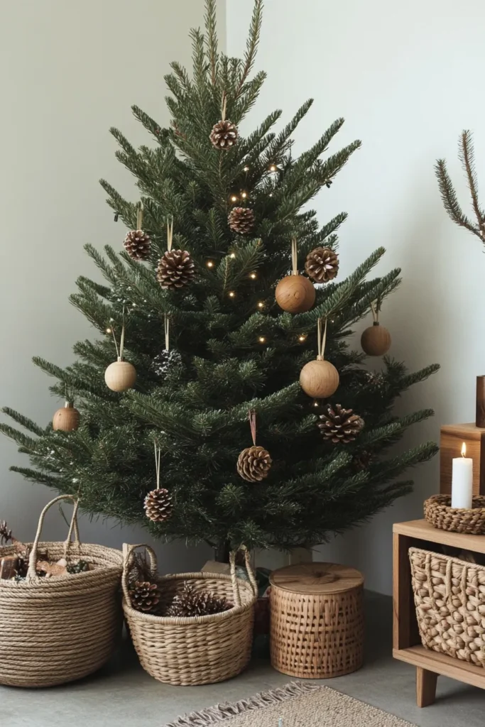 Japandi christmas decor featuring neutral palette japandi christmas tree with wooden ornaments and functional decorations