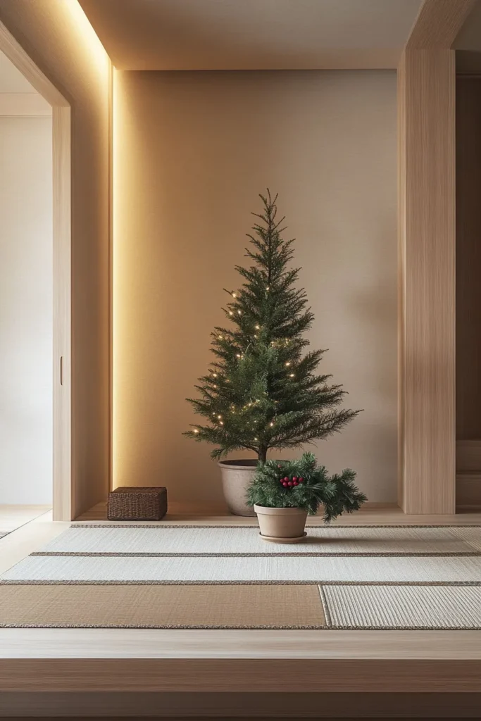 Japandi christmas decor in neutral living room with japandi christmas tree and single wreath