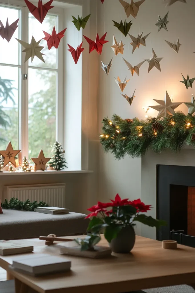 Japandi christmas tree and japandi christmas decor in a serene living room with natural textures