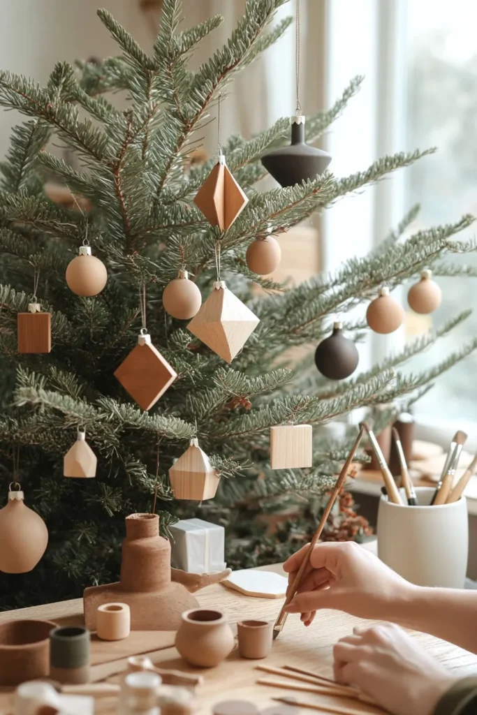 Japandi christmas tree with DIY decorations japandi christmas decor natural light streaming through window