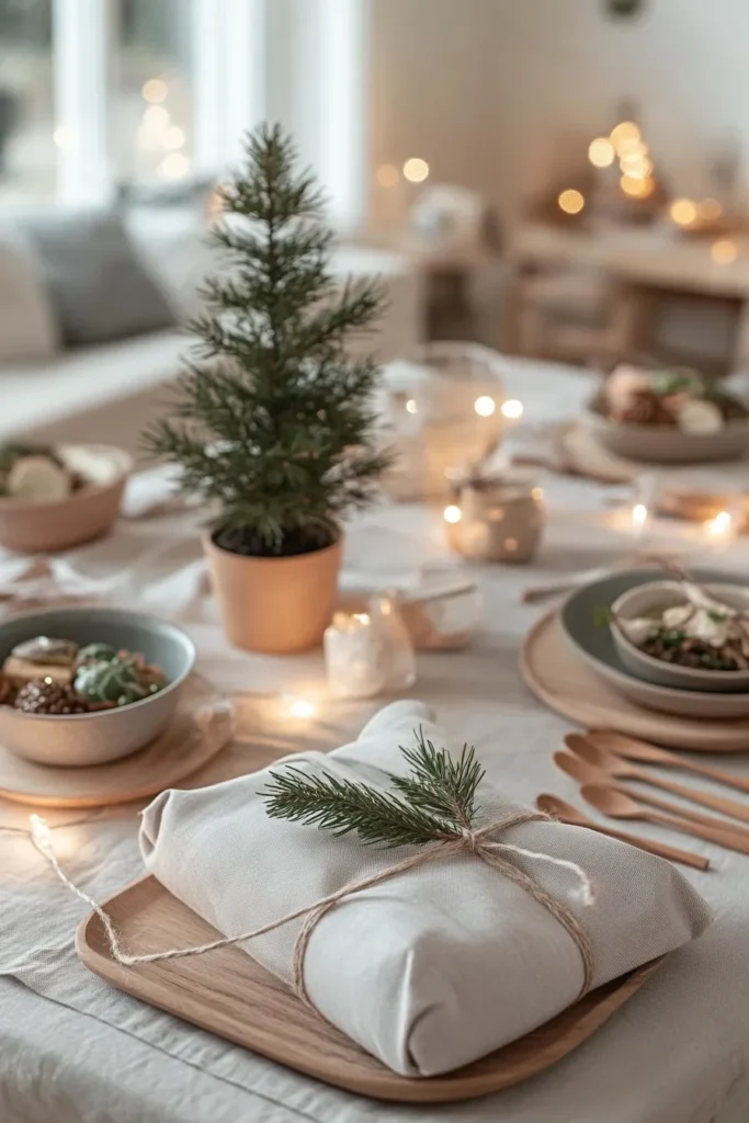 Japandi christmas tree with eco friendly decorations in a minimalist living room featuring japandi christmas decor