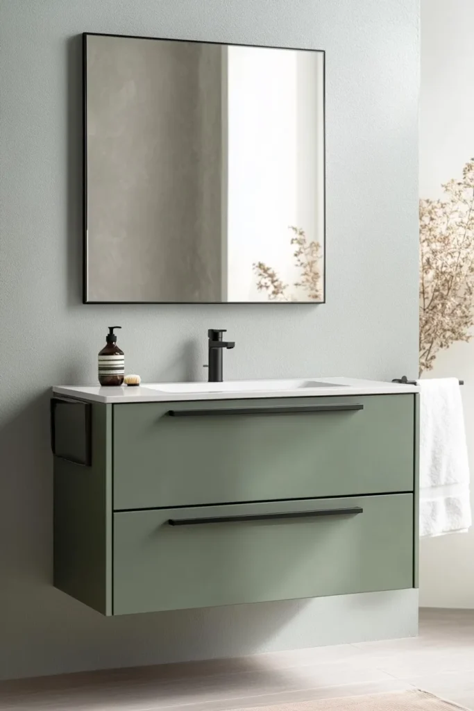 Light sage green bathroom with floating vanity and sage green herringbone tile creating spacious feel