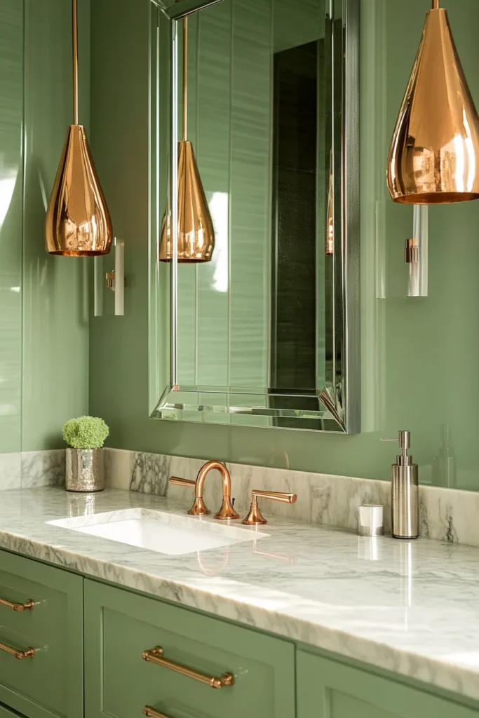 Light sage green bathroom with herringbone tile and luxurious metallic accents for a sophisticated look