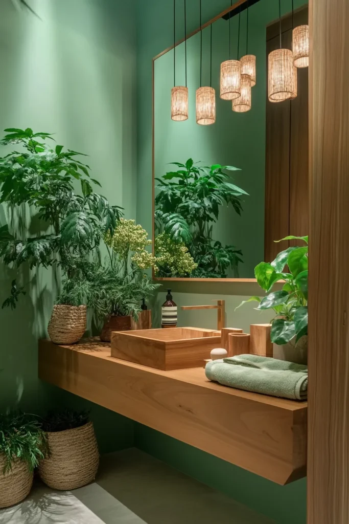 Light sage green bathroom with white accents and wooden elements for a refreshing organic look