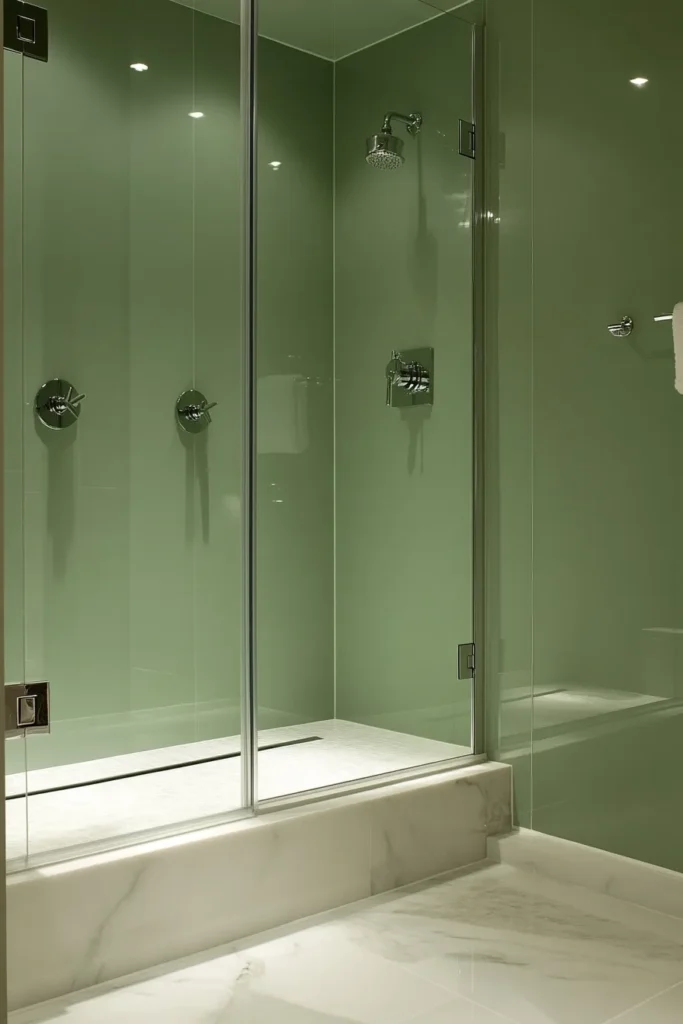 Light sage green bathroom with white marble floors and sage green bathroom cabinets