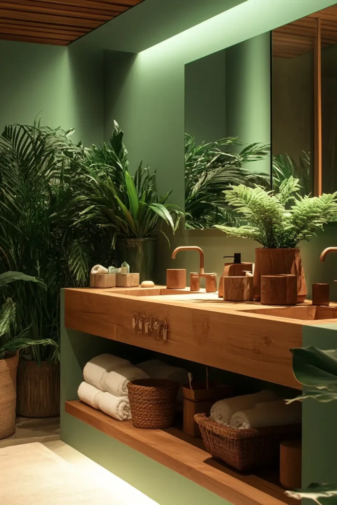 Light sage green bathroom with wooden vanity and natural accents creating a serene atmosphere