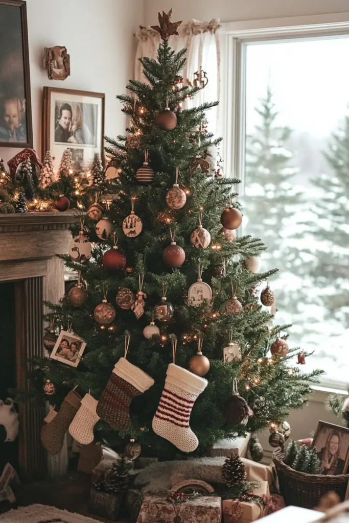 Living room decorated with rustic Christmas color palette earth tones and natural elements