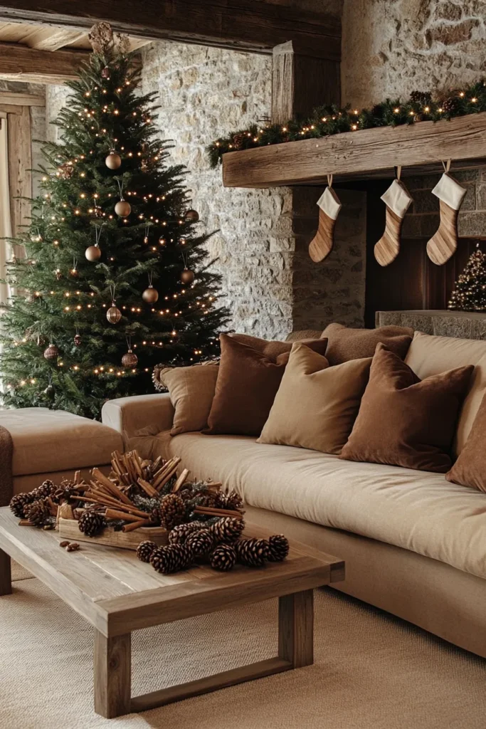 Living room with rustic Christmas color palette natural textures and soft holiday glow