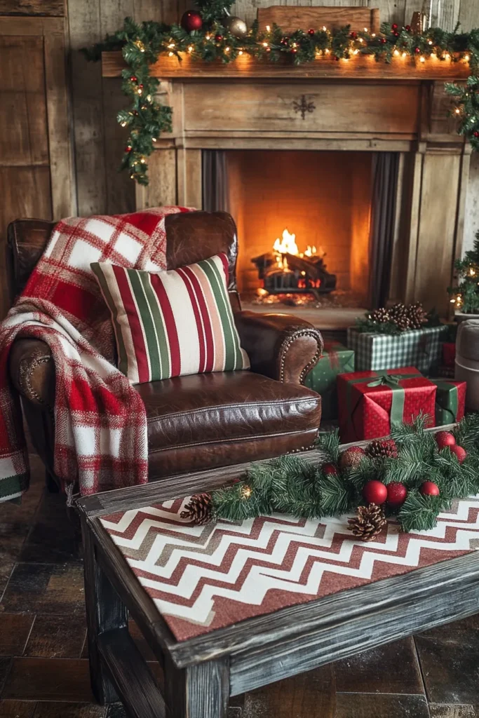 Living room with rustic christmas color palette plaid textures and twinkling lights