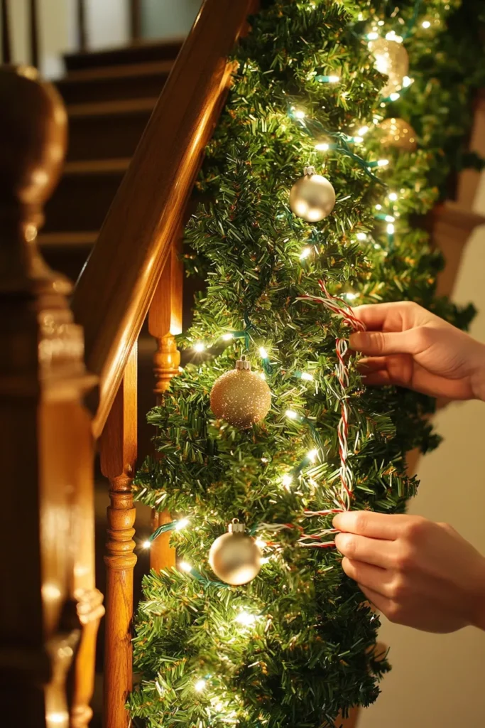 Lush evergreen garland on staircase christmas with twinkling lights and ornaments christmas staircase garland