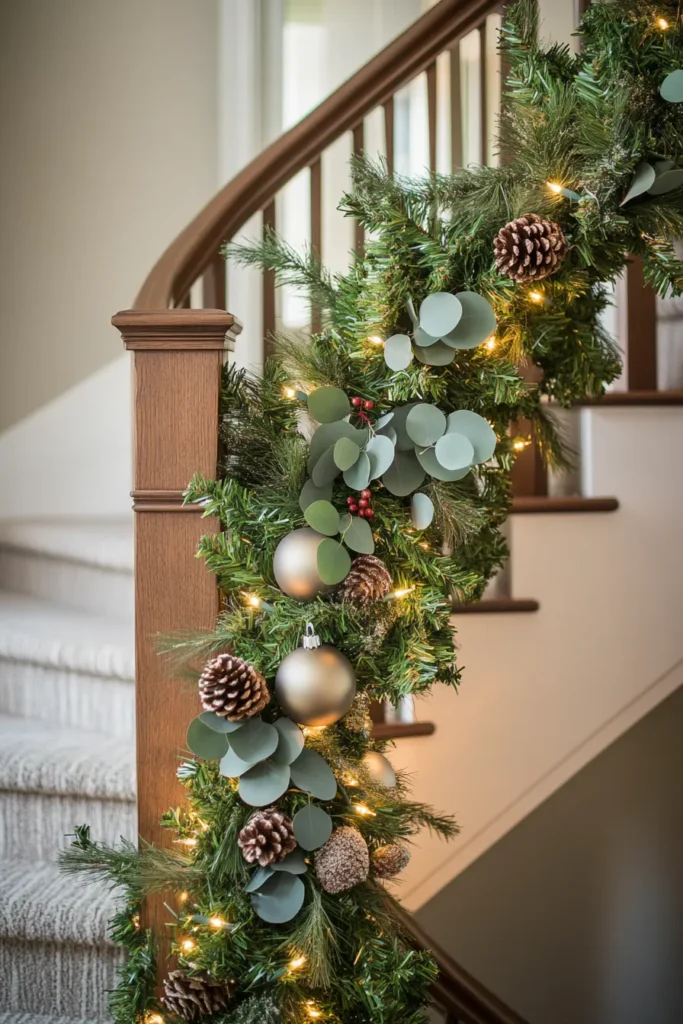 Lush garland on staircase Christmas display combining artificial and natural elements with pinecones and ornaments