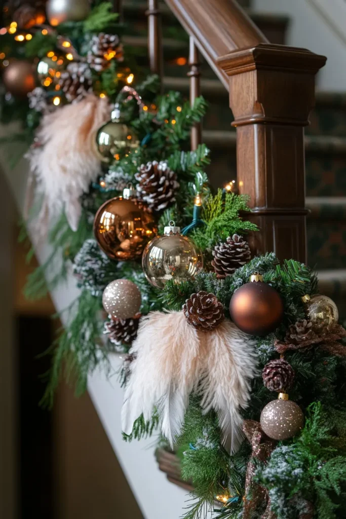 Lush garland on staircase christmas design with feathers pinecones and glass ornaments christmas staircase garland idea