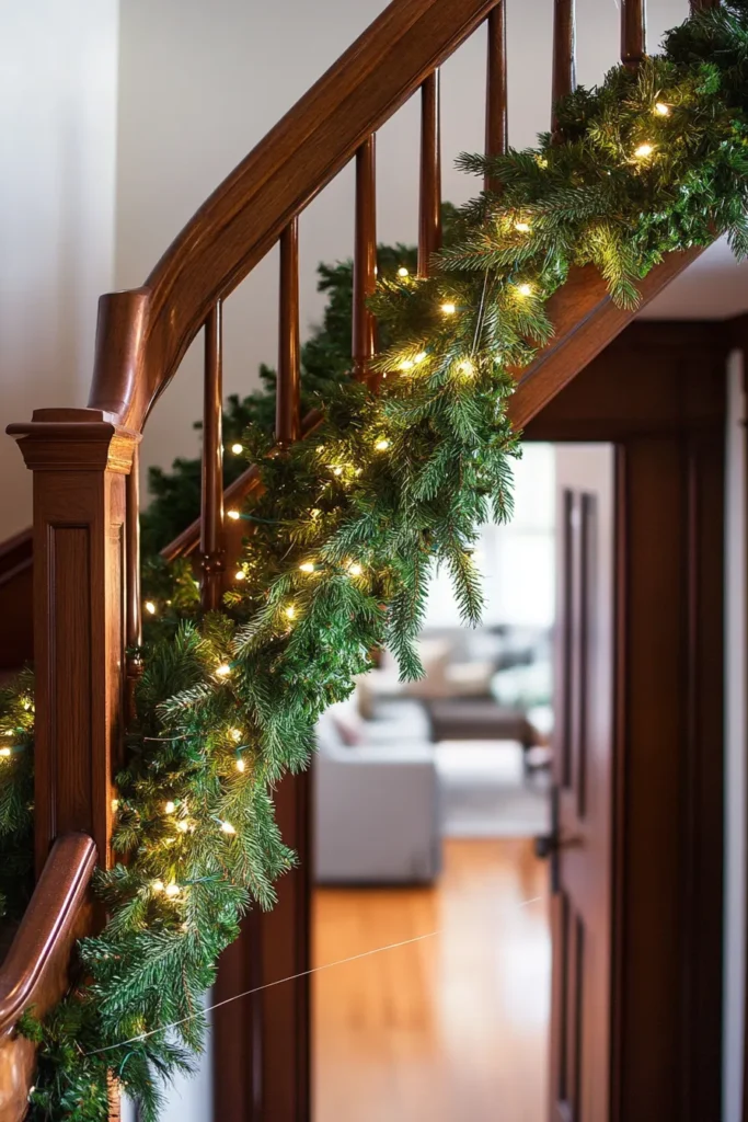 Lush garland on staircase christmas with white lights creating warm glow along wooden banister