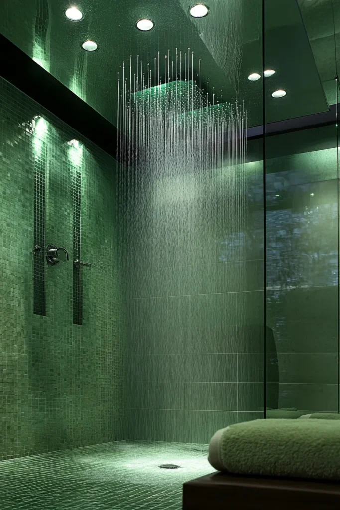 Luxurious light sage green bathroom with rainfall showerhead and sage green herringbone tile bathroom walls