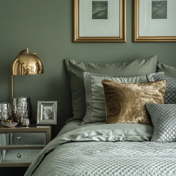 Master bedrooms sage green featuring muted walls sage green and white bedrooms with gold and silver details