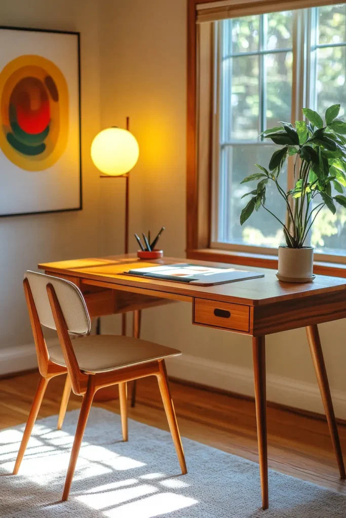 Mid century modern boho home office with retro lamp abstract wall art and seamless tech integration