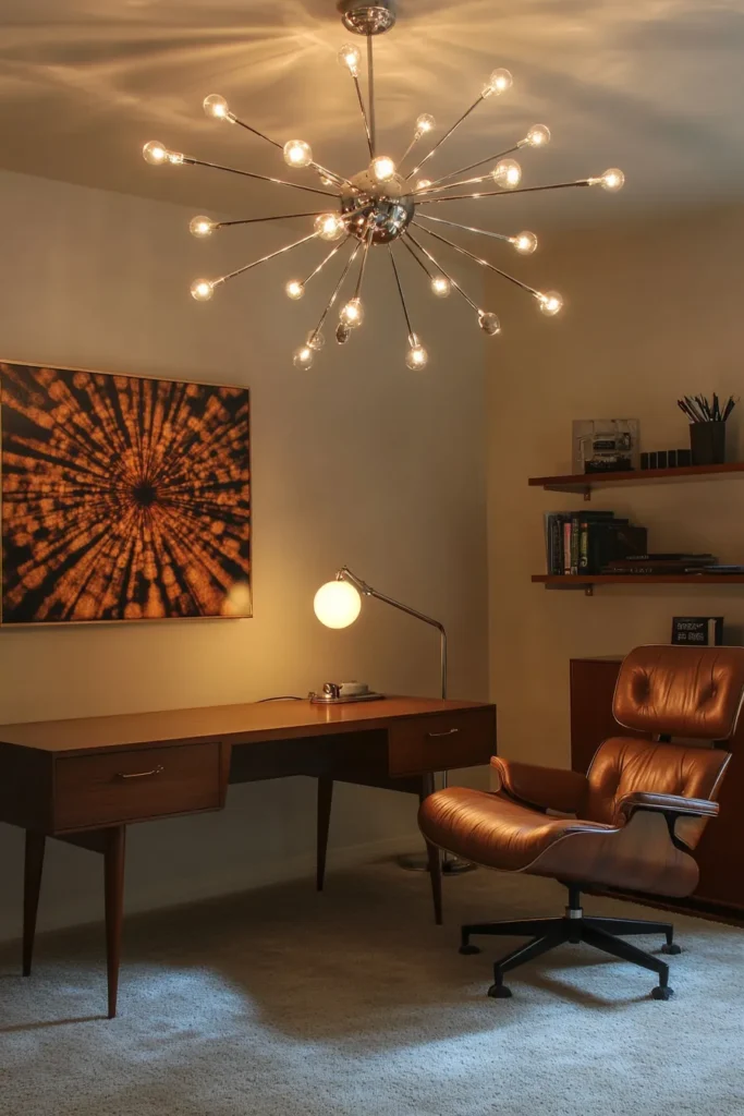 Mid century modern boho home office with unique lighting fixtures and leather lounge chair