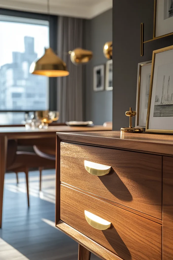 Mid century modern kitchen apartment with brass handles mid century modern apartment aesthetic wooden furniture