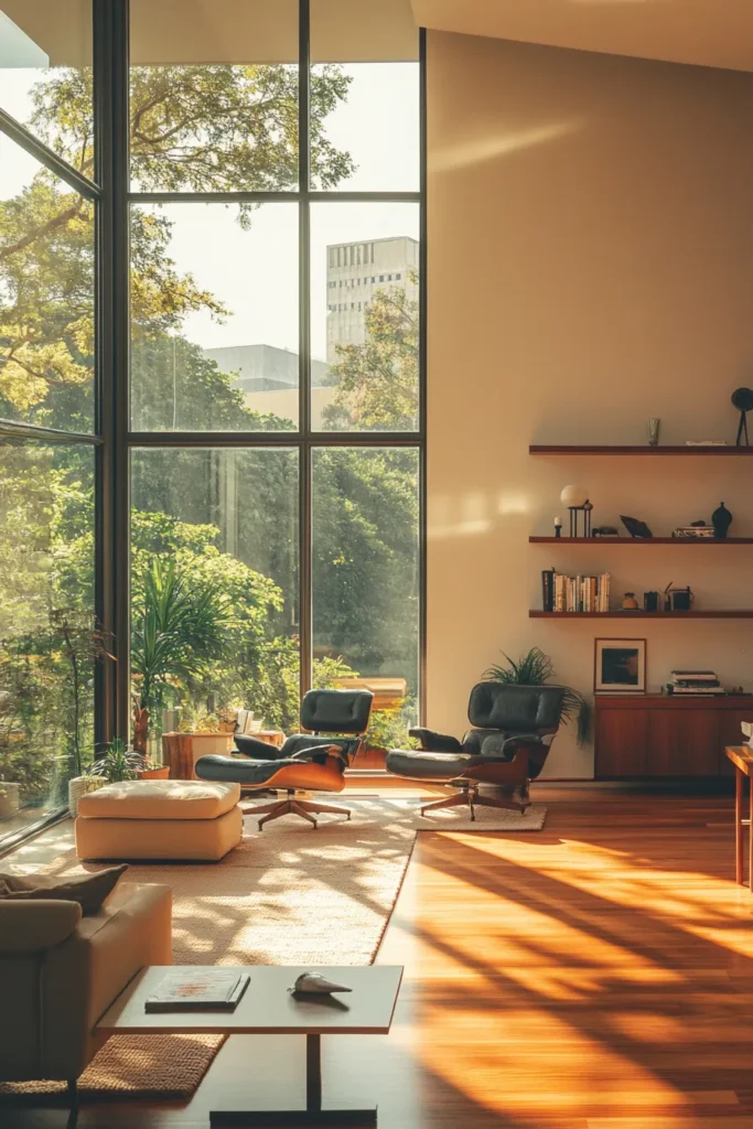 Mid century modern kitchen apartment with sleek angular lines and geometric patterns