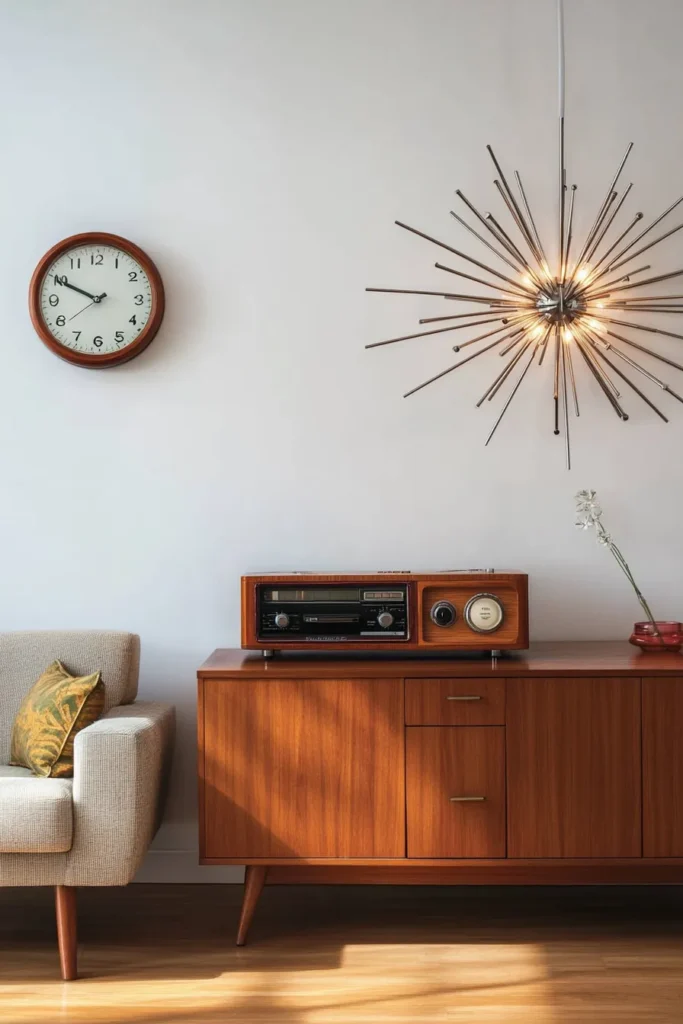 Mid century modern kitchen apartment with walnut cabinets and vintage appliances in a nostalgic setting