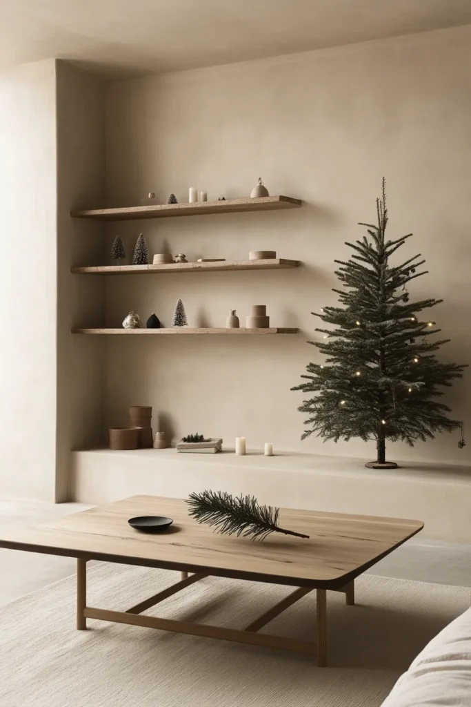 Minimalist Japandi Christmas tree in serene living room with Japandi Christmas decor and natural elements