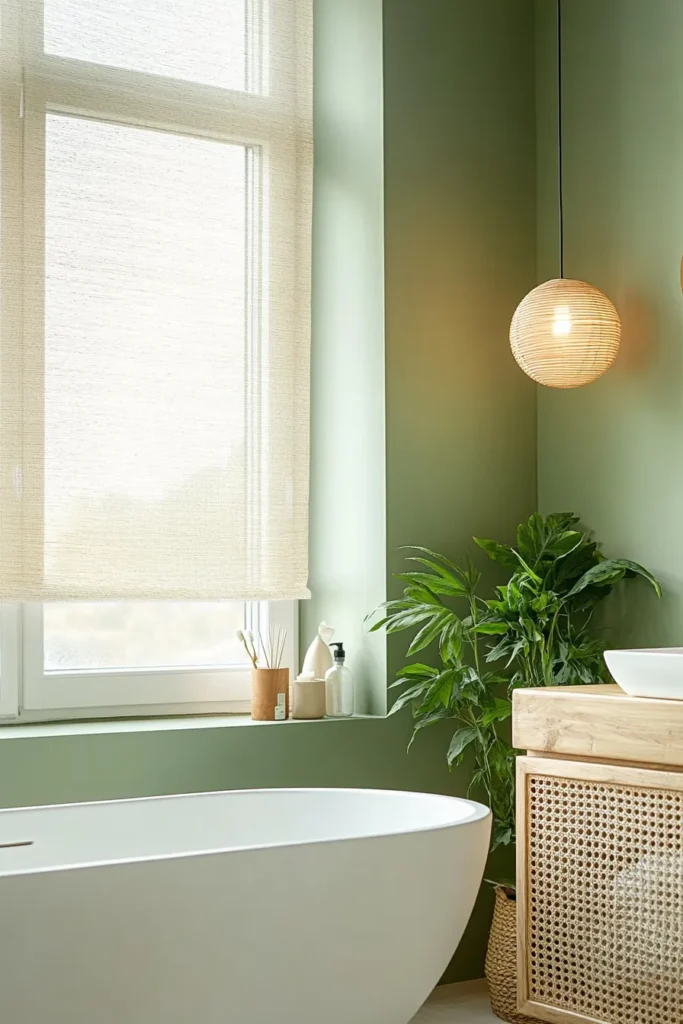 Minimalist bathroom with sage green walls and white accents showcasing a bright airy design