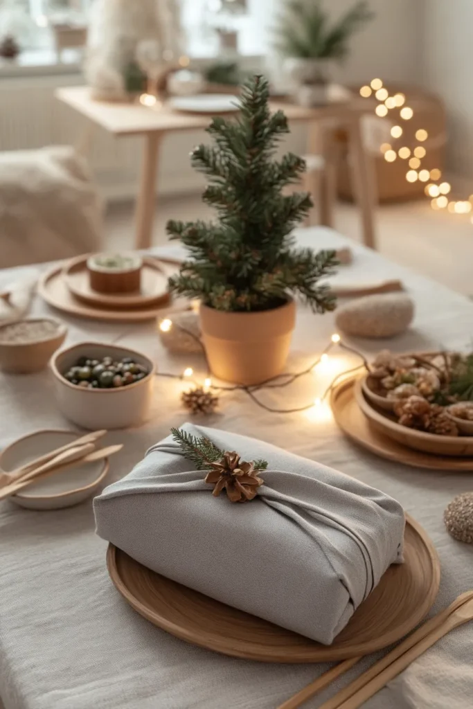 Minimalist japandi christmas decor featuring a natural japandi christmas tree and eco friendly table setting