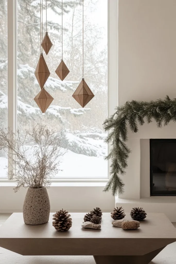 Minimalist japandi christmas tree in a serene living room with japandi christmas decor elements