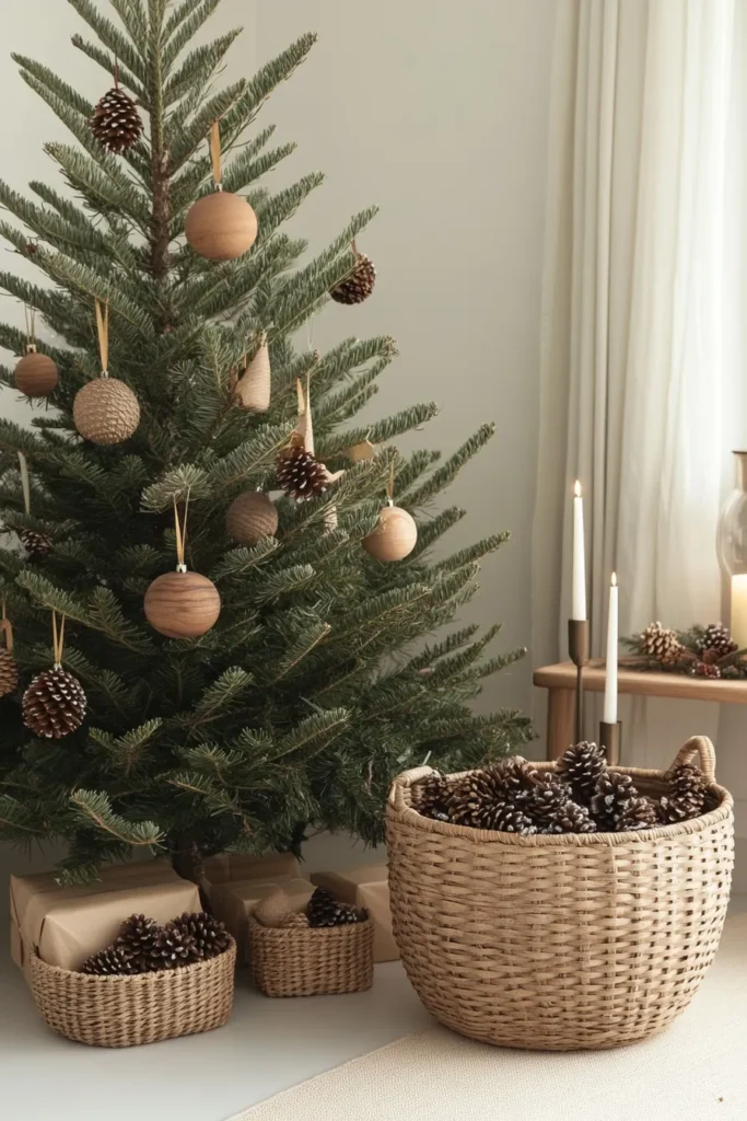 Minimalist japandi christmas tree in cozy living room with japandi christmas decor and soft lighting