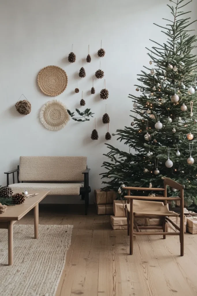 Minimalist japandi christmas tree in japandi christmas living room with textured decorations and contrasting elements