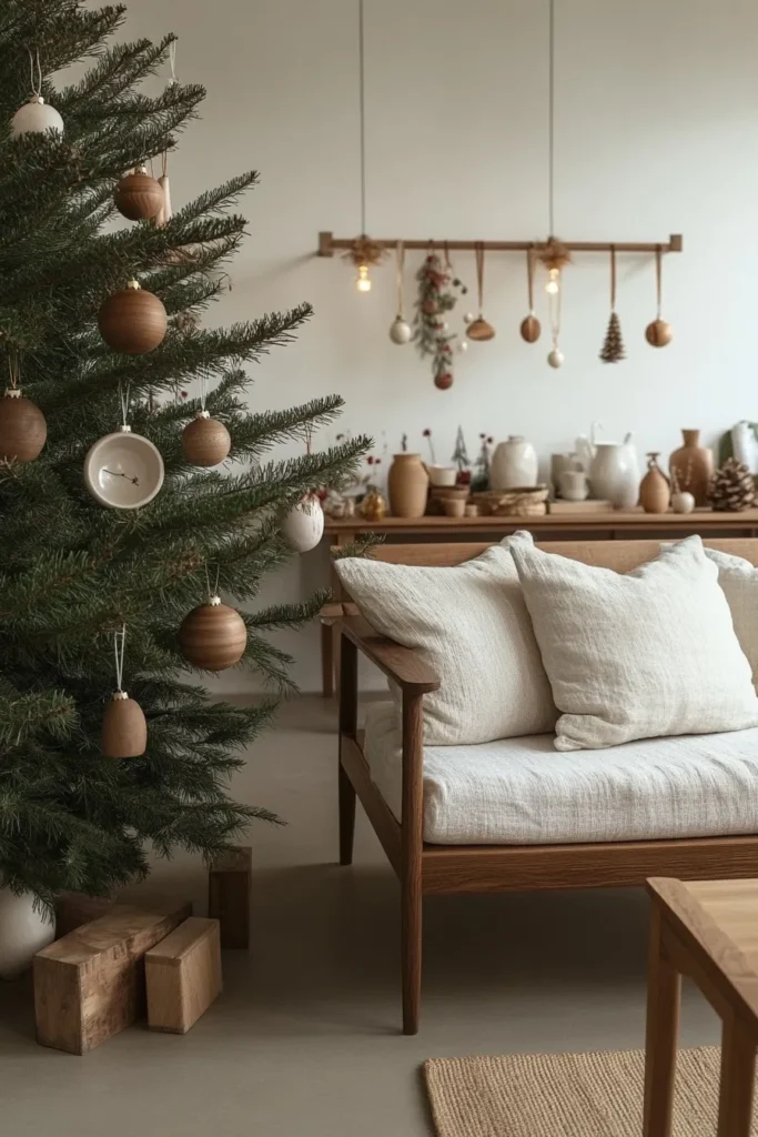 Minimalist japandi christmas tree with handcrafted ornaments in a serene living room featuring japandi christmas decor