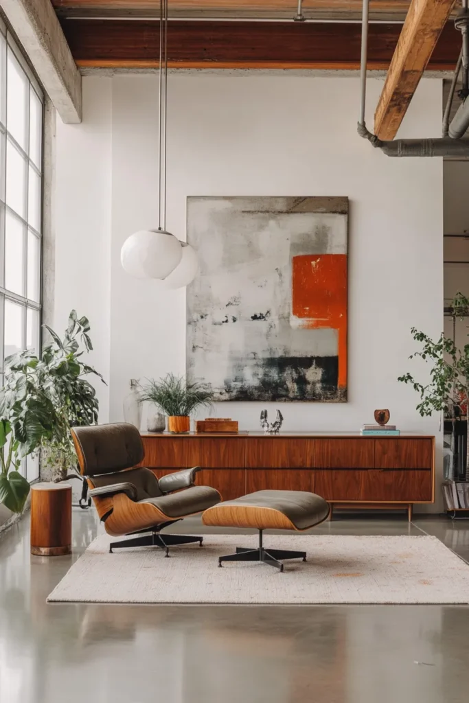 Minimalist mid century modern apartment aesthetic living room with Eames chair and abstract art