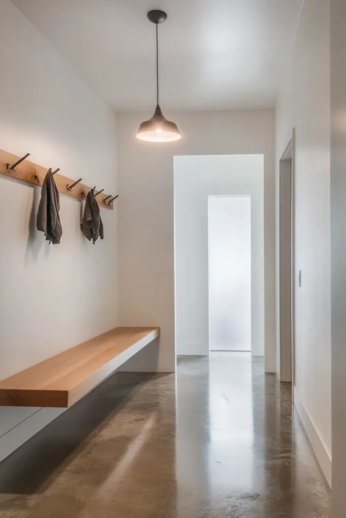 Minimalist mudroom ideas entryway featuring sleek lighting over bench and hooks in modern minimalist mudroom